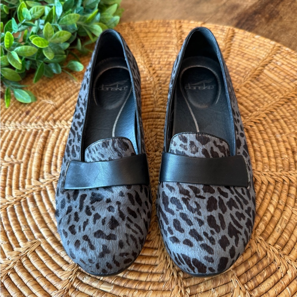 Dansko Leather Black & Gray Leopard Faux Animal Hair Loafers with Black Strap